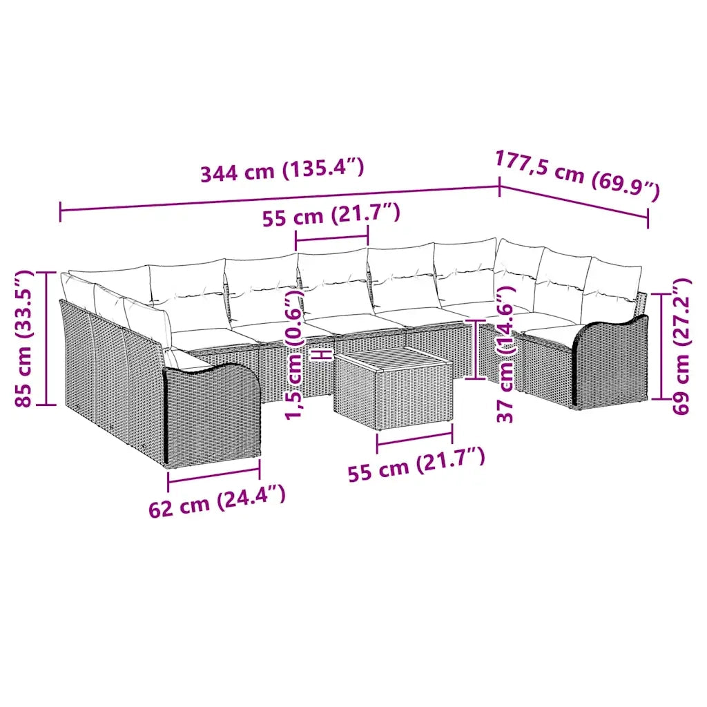 Set Divano da Giardino con cuscino 11 pcs Nero polyrattan 3347506