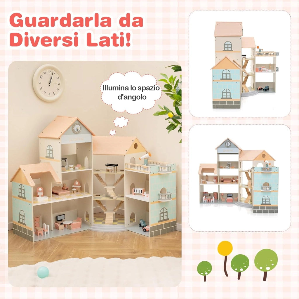 Casa delle Bambole in Legno, Casetta delle Bambole a 3 Piani con 41 Mobili e Accessori, Giocattolo per Bambini 3+ Anni,107 x 82,5 x 94,5 cm (Arancione)