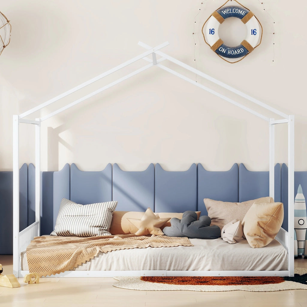 Letto per Bambini Letto Matrimoniale 140×200 cm con Struttura a Casetta; senza Materasso; in Metallo; Bianco