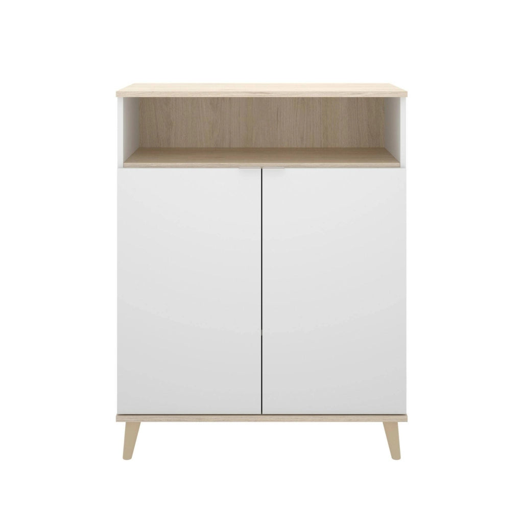 Credenza Altai, Buffet dispensa da soggiorno, Madia da salotto moderna a 2 ante, 80x40h102 cm, Bianco e Rovere