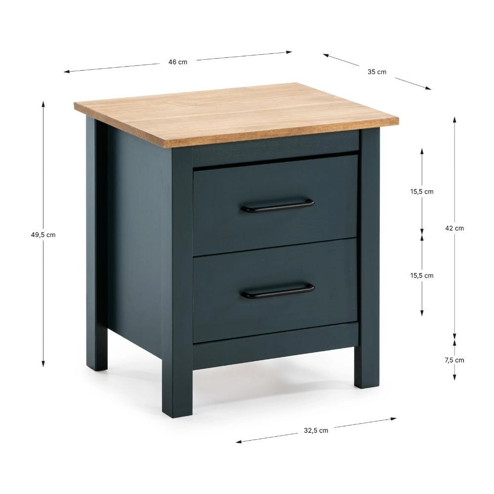 Comodino Miranda blu con top pino e 2 cassetti in legno massiccio