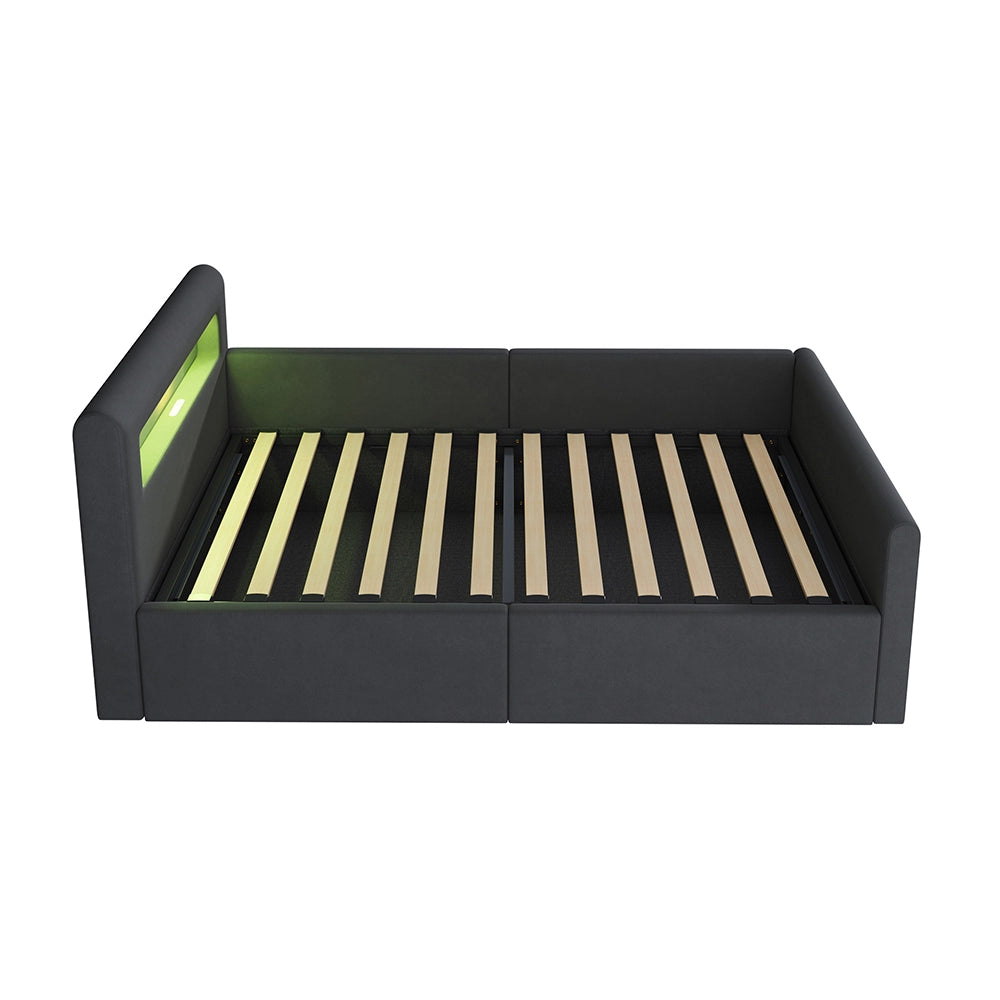 Letto bambino-Xylo-90x200 cm-LED, USB, idraulico, velluto grigio scuro