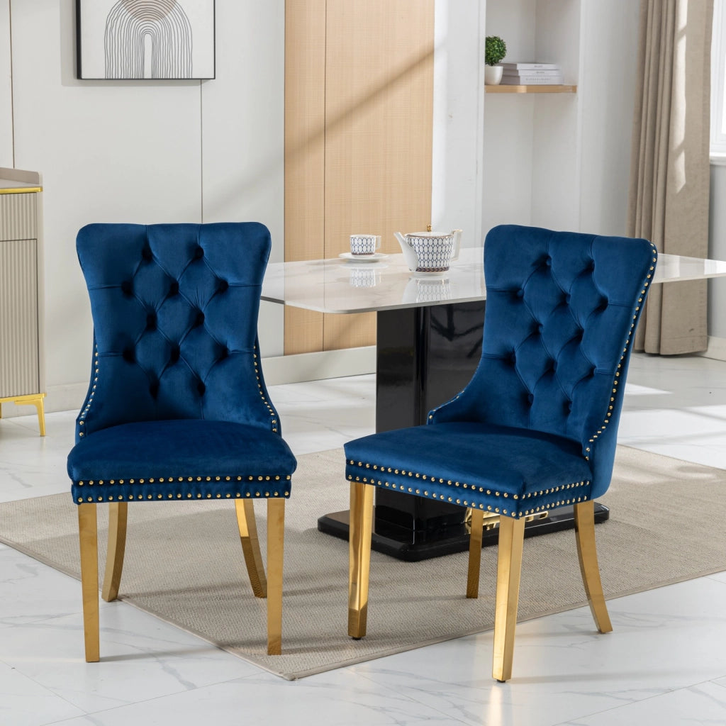 Sedie da Pranzo Imbottite in Velluto ¨C MINIMAL ¨C Set 2, Legno Massello, Gambe Oro, Blu