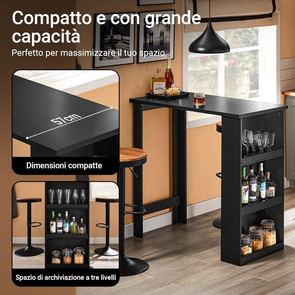 Tavolo Alto da Cucina, Tavolo da Bar Moderno con Ripiani di Stoccaggio, Design Salvaspazio per Cucina Piccola, Soggiorno, Angolo Bar o Studio Nero 112 x 57 x 106 cm FWT17-II-SCH
