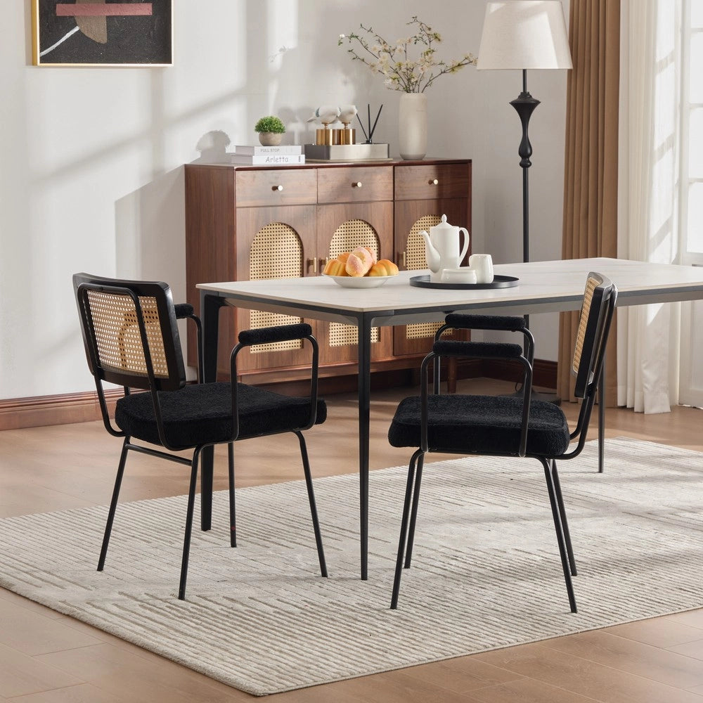 Sedia da Pranzo con Braccioli ¨C MINIMAL ¨C Set 2, Velluto Chenille, Gambe Metallo, Schienale Legno Massello, Effetto Rattan, Nero