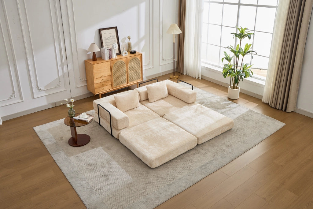 Divano letto modulare pieghevole senza montaggio in ciniglia beige per salotto camera ufficio e sala giochi