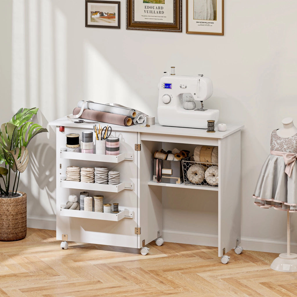 Tavolo da cucito pieghevole con ripiani e ruote ¨C zephmum ¨C bianco 90x60x75