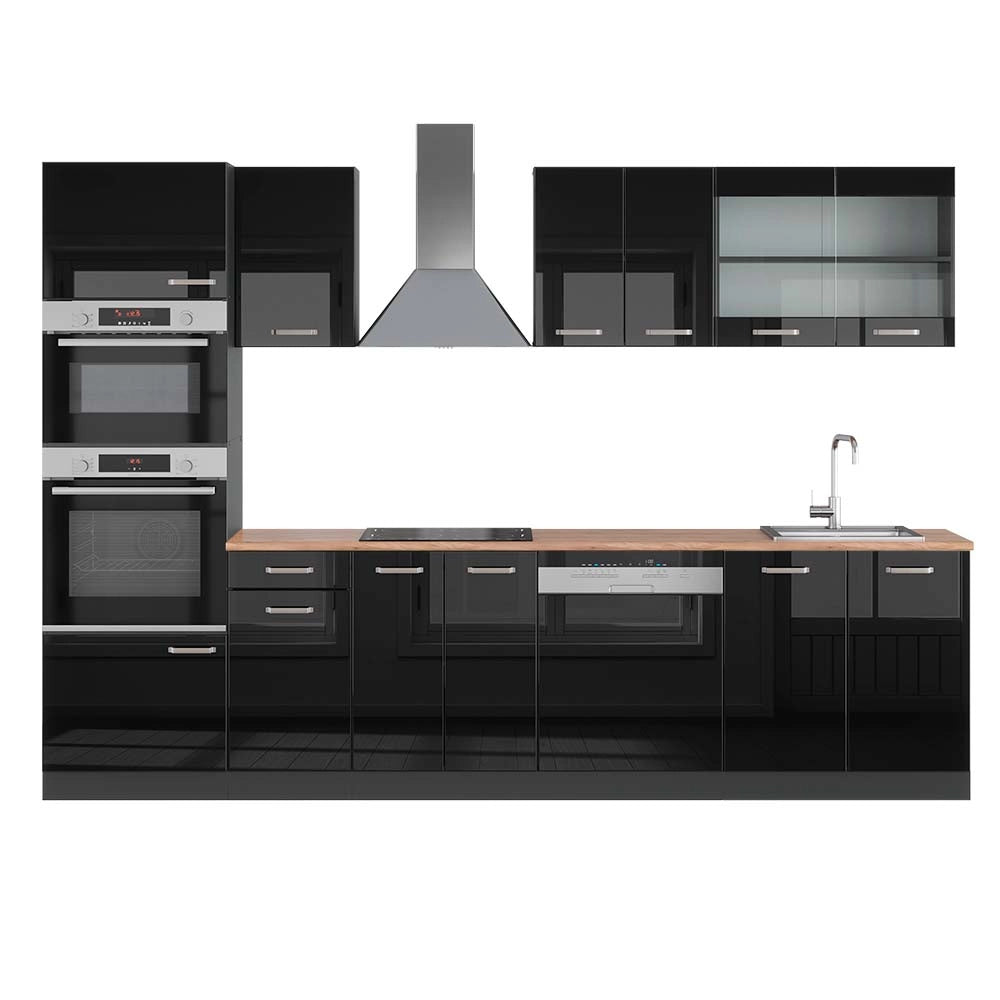 Vicco Cucina componibile Nero lucido/antracite 300 cm con armadio alto, PL Rovere