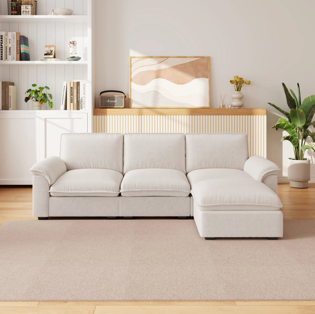 Divano modulare a L 4 posti con chaise longue; in chenille beige; 260x154x86 cm