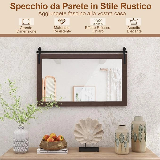 Specchio da Parete 100 x 66 cm, Specchio Rettangolare con Cornice in Legno Massiccio e Staffa in Metallo, Decorazione da Parete per Soggiorno Ingresso Bagno, Marrone (Noce)