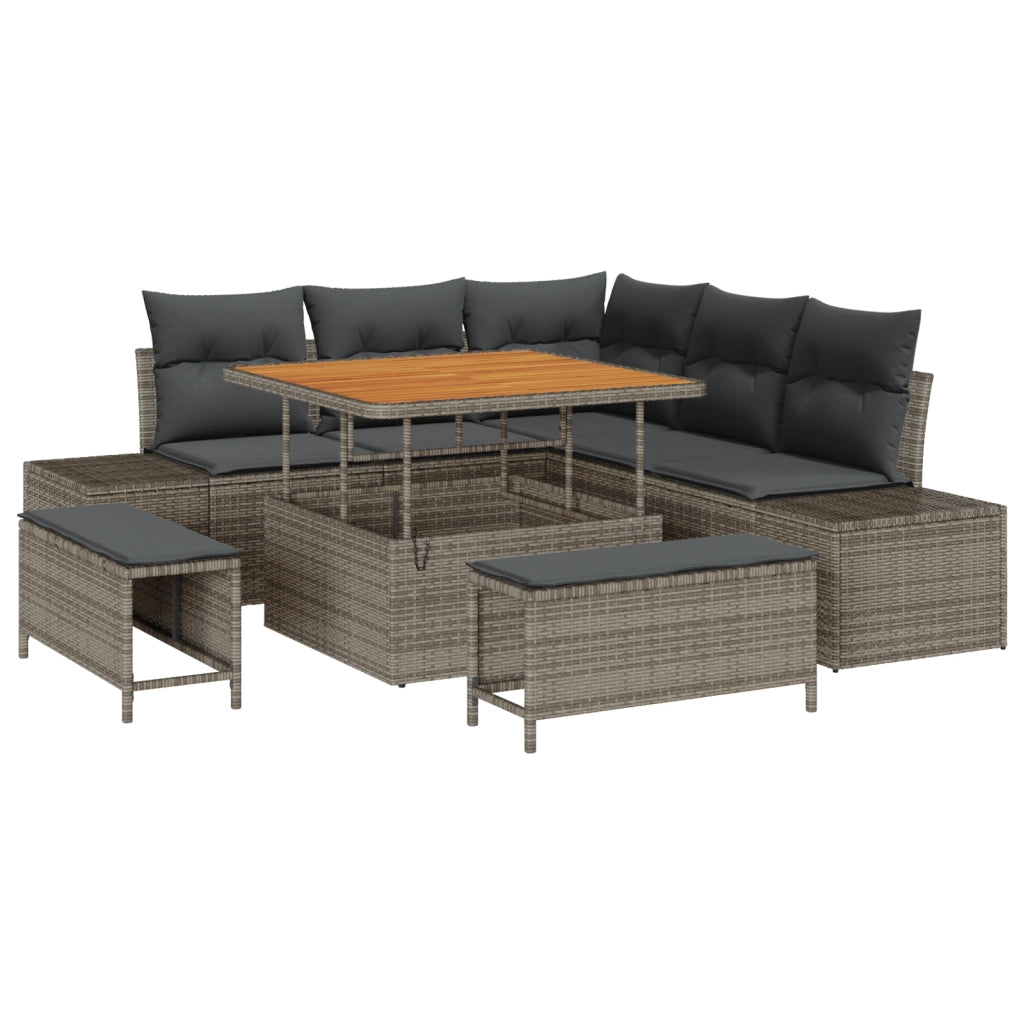 Set Divano da Giardino con Cuscini 8 Pezzi Grigio Rattan Poli Acacia