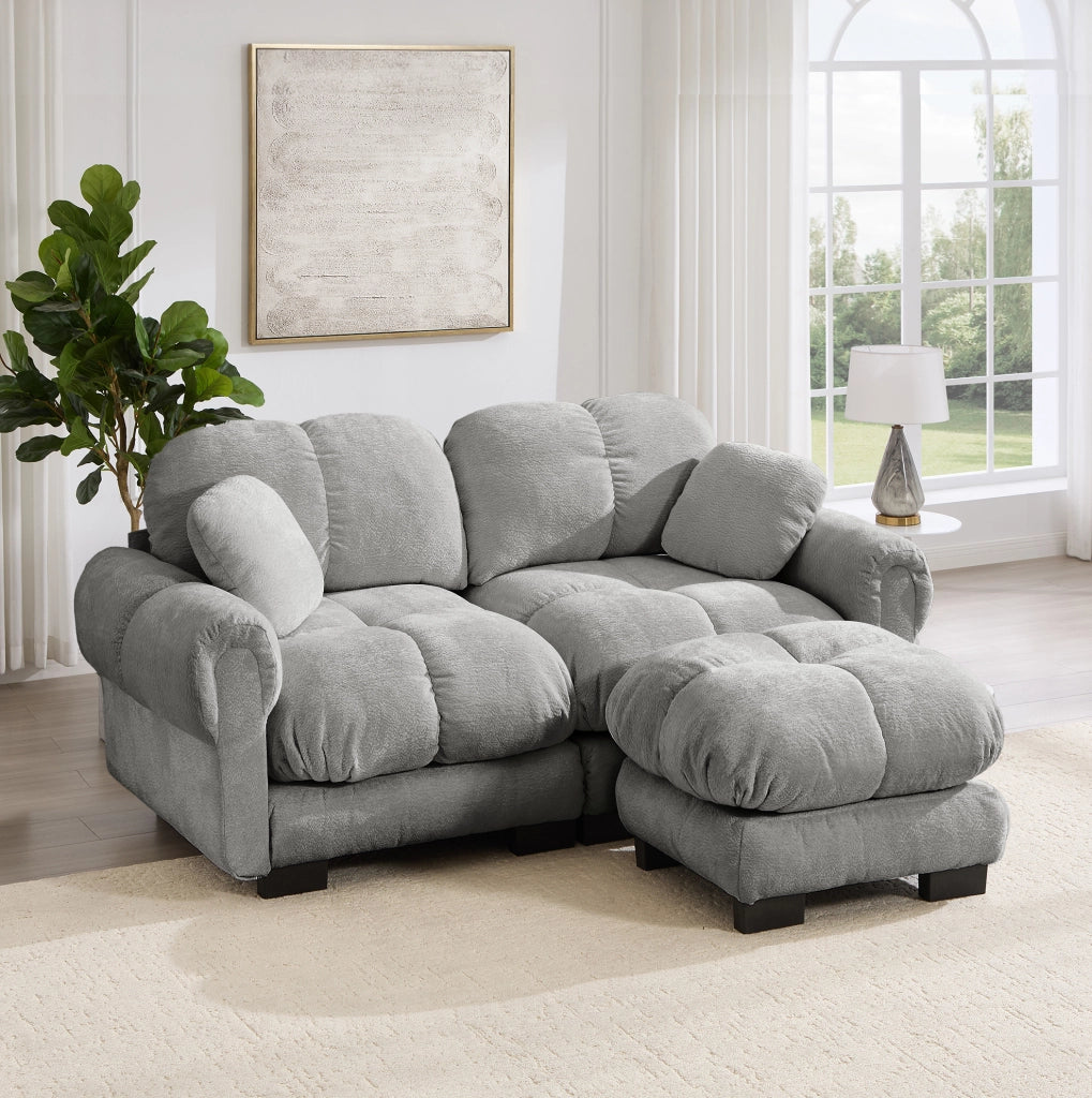Divano in ciniglia grigio chiaro con pouf mobile; 190 x 149 x 90 cm