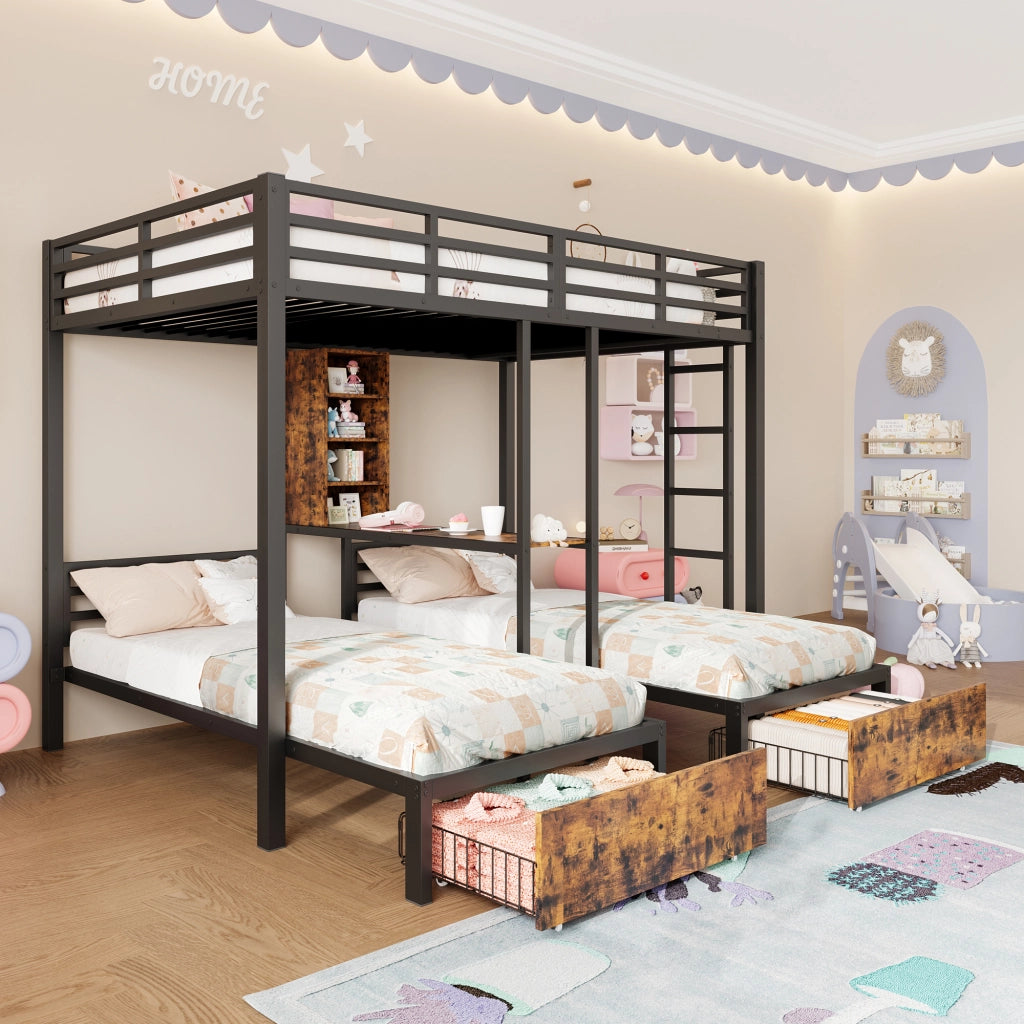 Letto a Castello 140×200 cm e 90×200 cm; 3 Posti con 2 Cassetti; Vani e Scaffali; senza Materasso; Nero