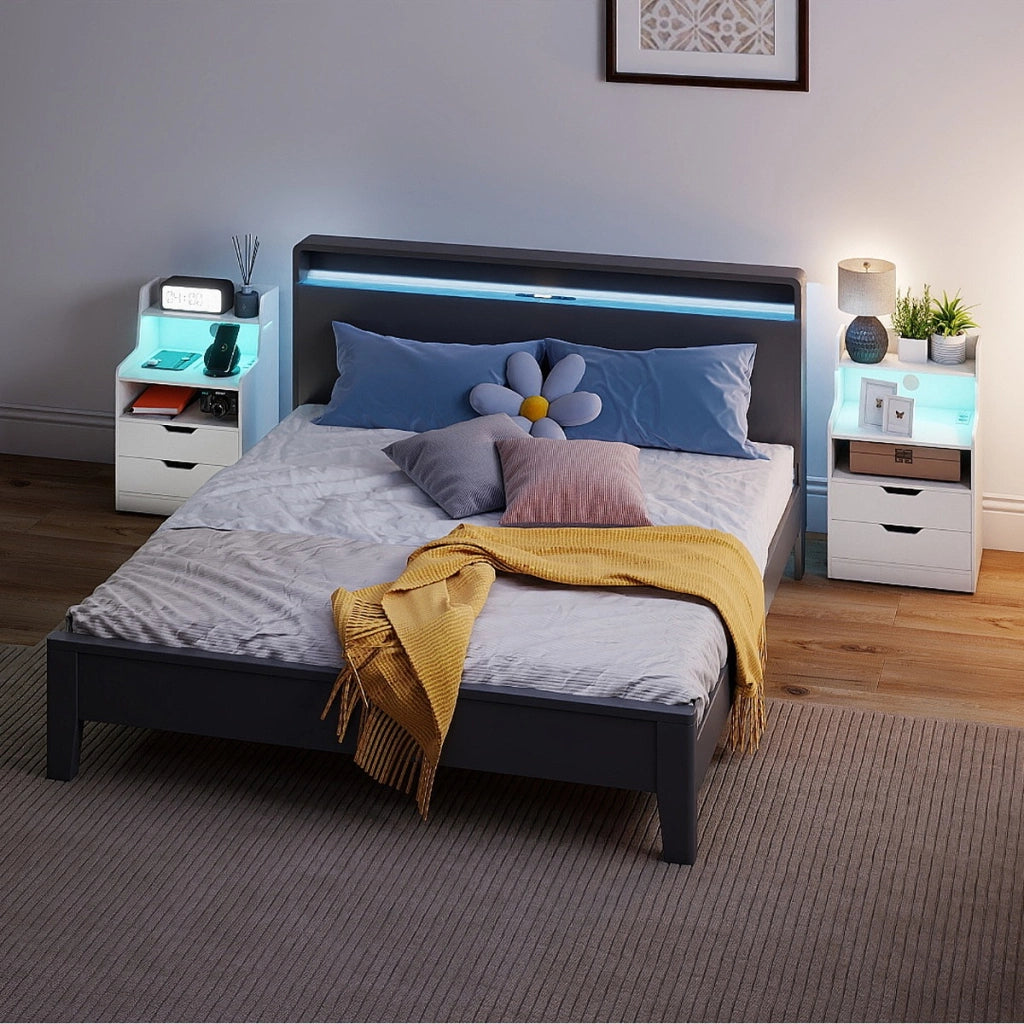 Comodino led con stazione di ricarica moderna con kit anti-ribaltamento per soggiorno, Comodino camera da letto Bianco-Comodini