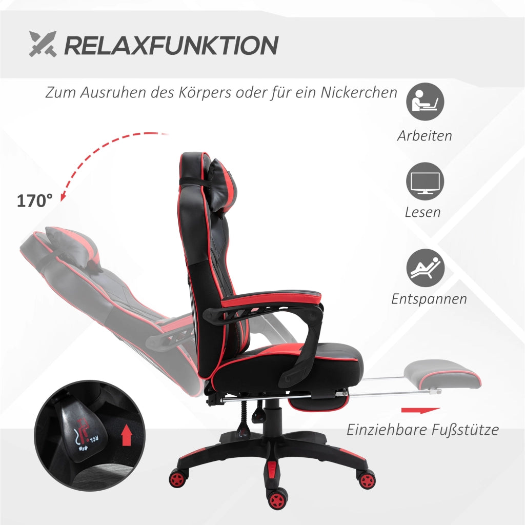 Sedia da ufficio gaming ergonomica con schienale reclinabile poggiapiedi e cuscino lombare in similpelle nera