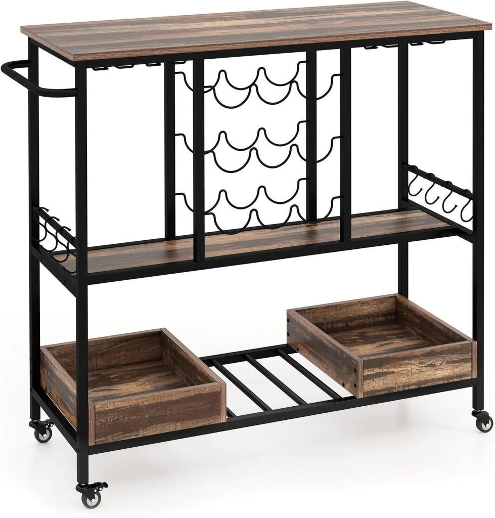 Carrello di Servizio Industriale a 3 Livelli, Carrello da Cucina con Portabicchieri, Porta Bottiglie, 107,5x40x91,5 cm