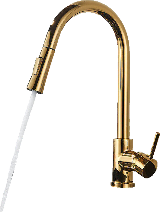 JANA | Rubinetto da cucina estraibile Premium in acciaio inox oro lucido miscelatore arco alto | gastro alta pressione ruotabile a 360° 2 attacchi