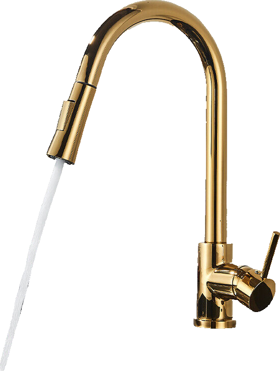 JANA | Rubinetto da cucina estraibile Premium in acciaio inox oro lucido miscelatore arco alto | gastro alta pressione ruotabile a 360° 2 attacchi