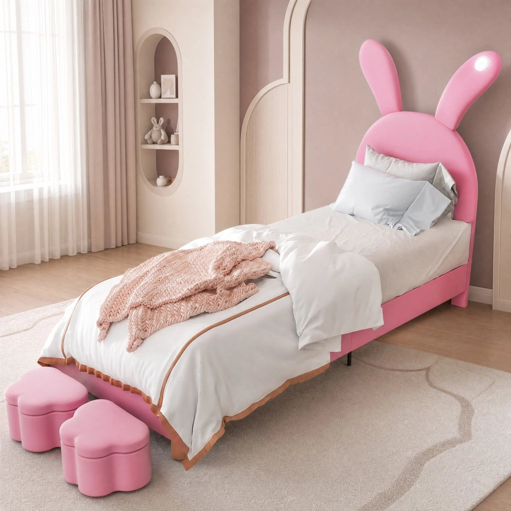 Letto imbottito 90x200 cm in velluto francese rosa con LED e contenitori laterali