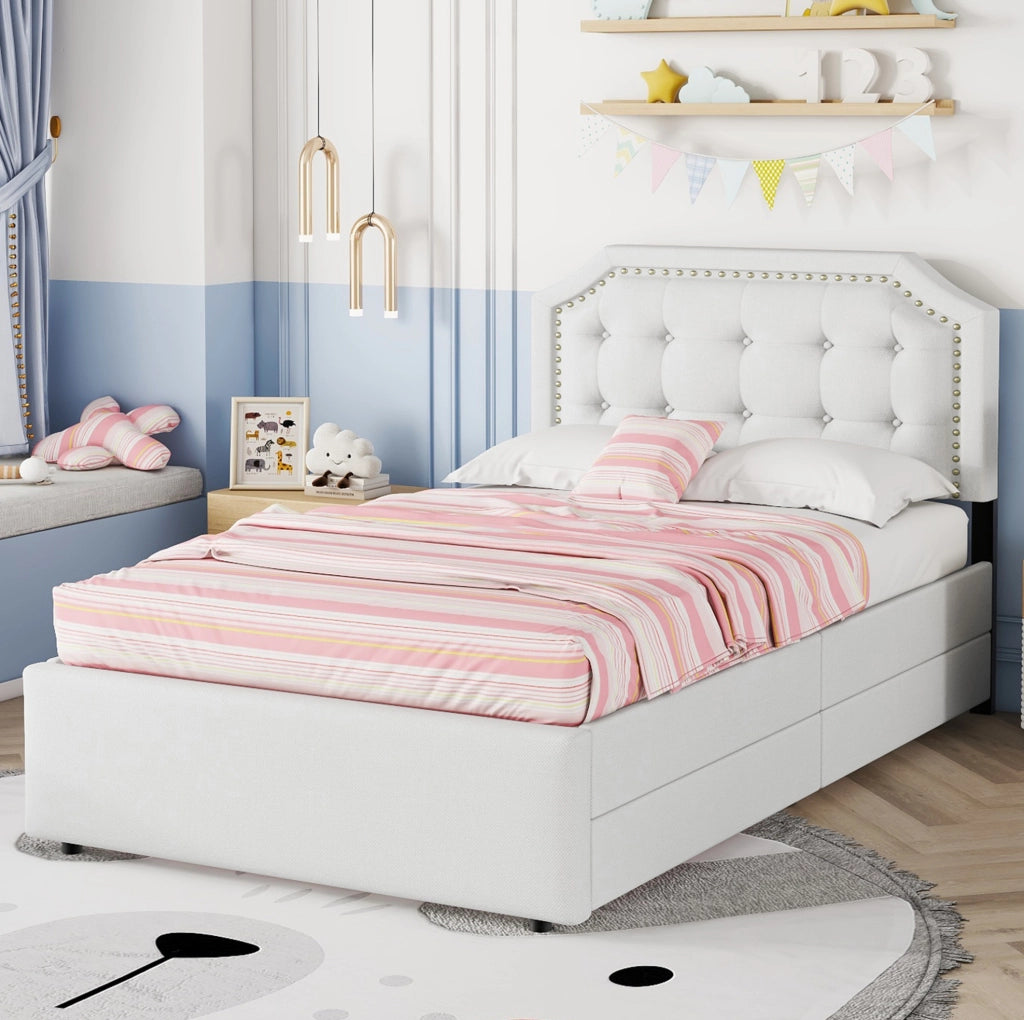 Letto imbottito 90 x 200 cm con 2 cassetti; testiera regolabile; MDF e lino; beige chiaro