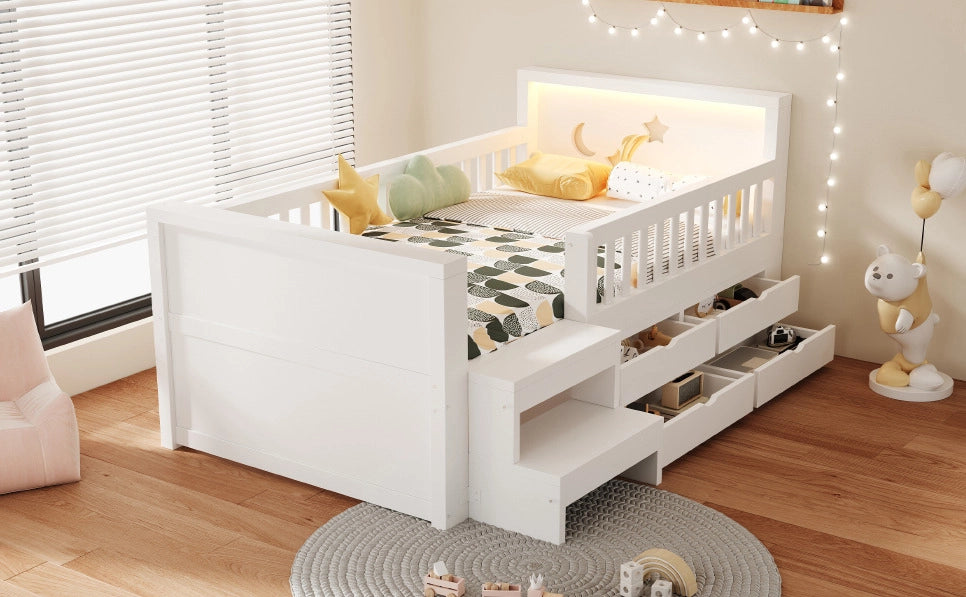 Letto per bambini 90 x 200 cm con LED, cassetti e sponde bianche