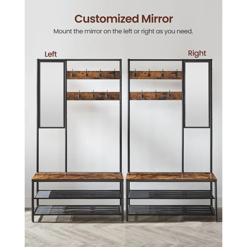 Mobile da ingresso con ganci specchio panca e scarpiera appendiabiti guardaroba 35 x 98 x 180 cm corridoio camera da letto soggiorno stile industriale marrone 12_0006388