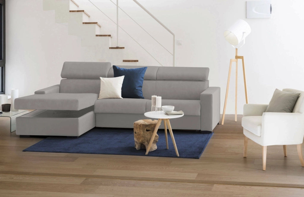 Divano Letto Aloet, Divano ad angolo, Made in Italy, SofÒ  con apertura girevole, con Penisola contenitore Sinistra, con Braccioli slim, cm 260x95h85, Grigio