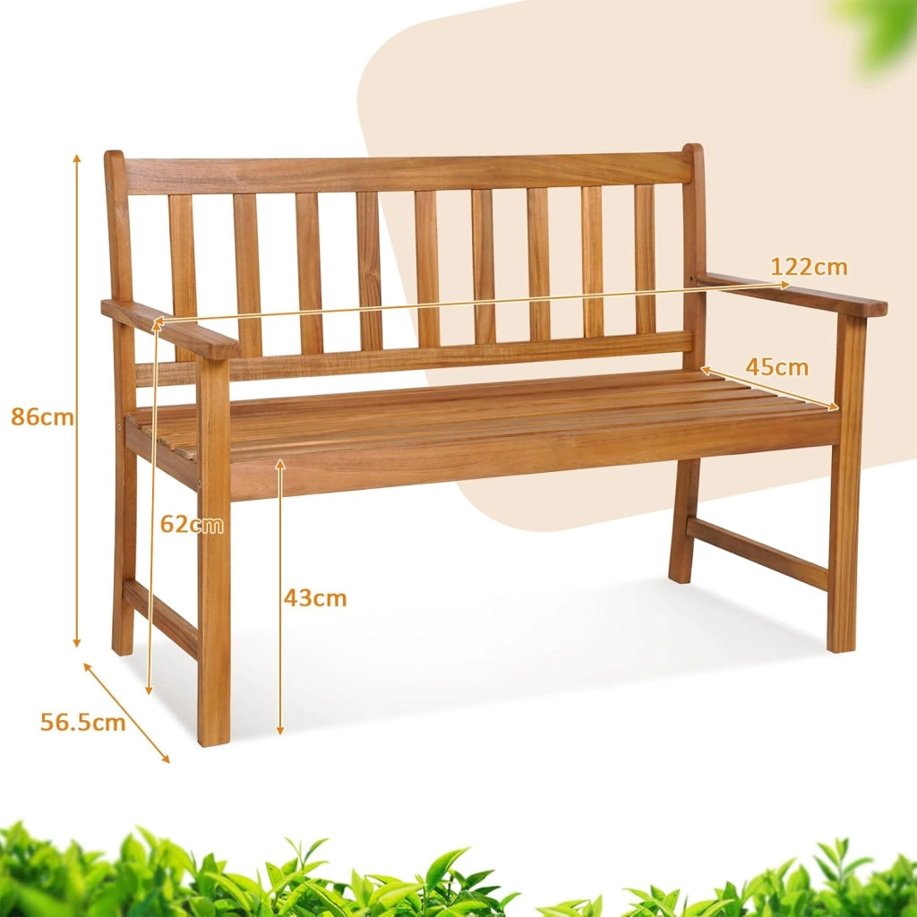 GIANTEX Panchina da giardino in legno di acacia a 2 posti, portata fino a 360 kg, ergonomica, con schienali e braccioli, 122 x 56,5 x 86 cm, colore legno naturale