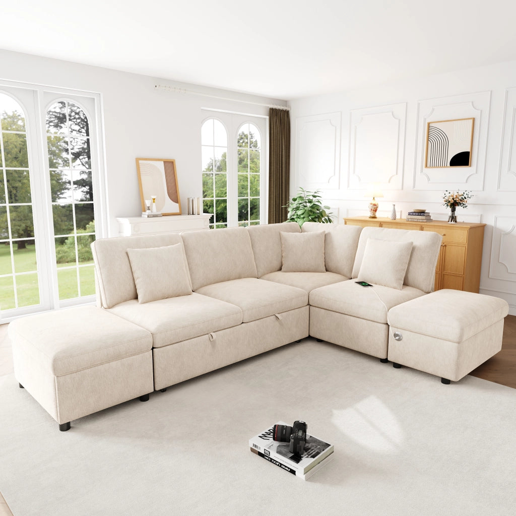 Divano angolare modulare a L con letto estraibile, 6 posti, con pouf contenitore, pannello USB/Type-C, 3 cuscini, tessuto Chenille beige