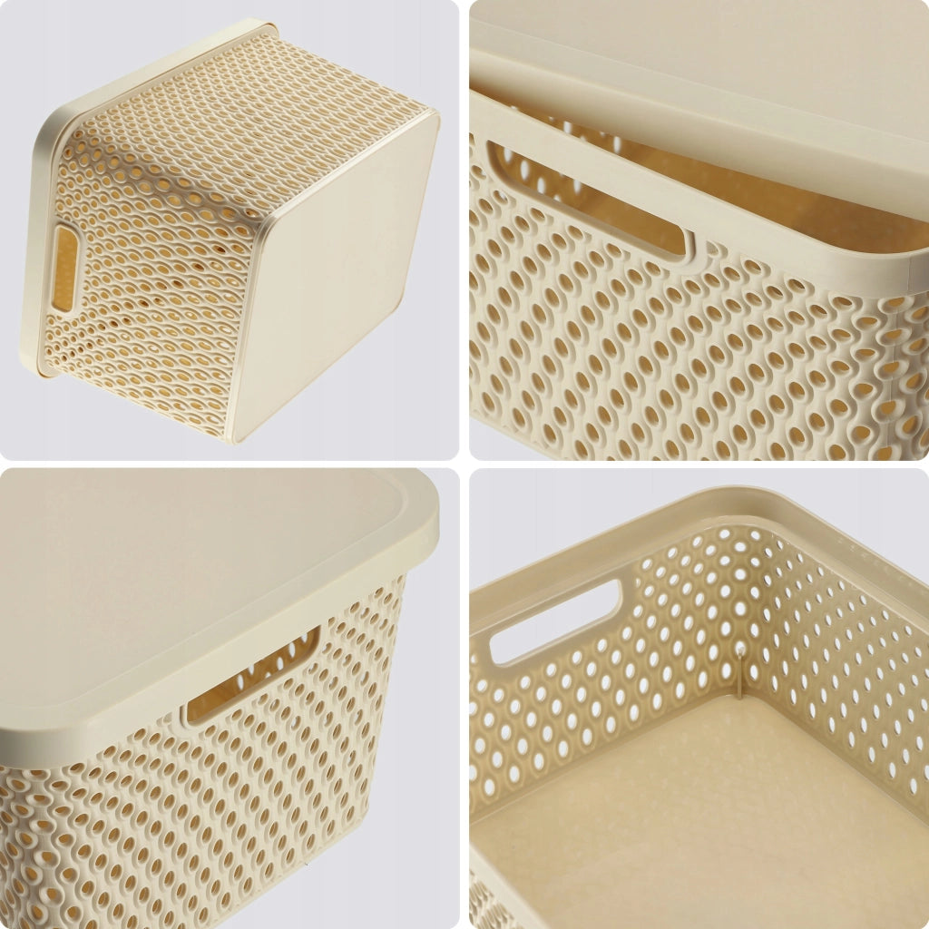 Set di 3 cestini in plastica beige KADAX con coperchio.