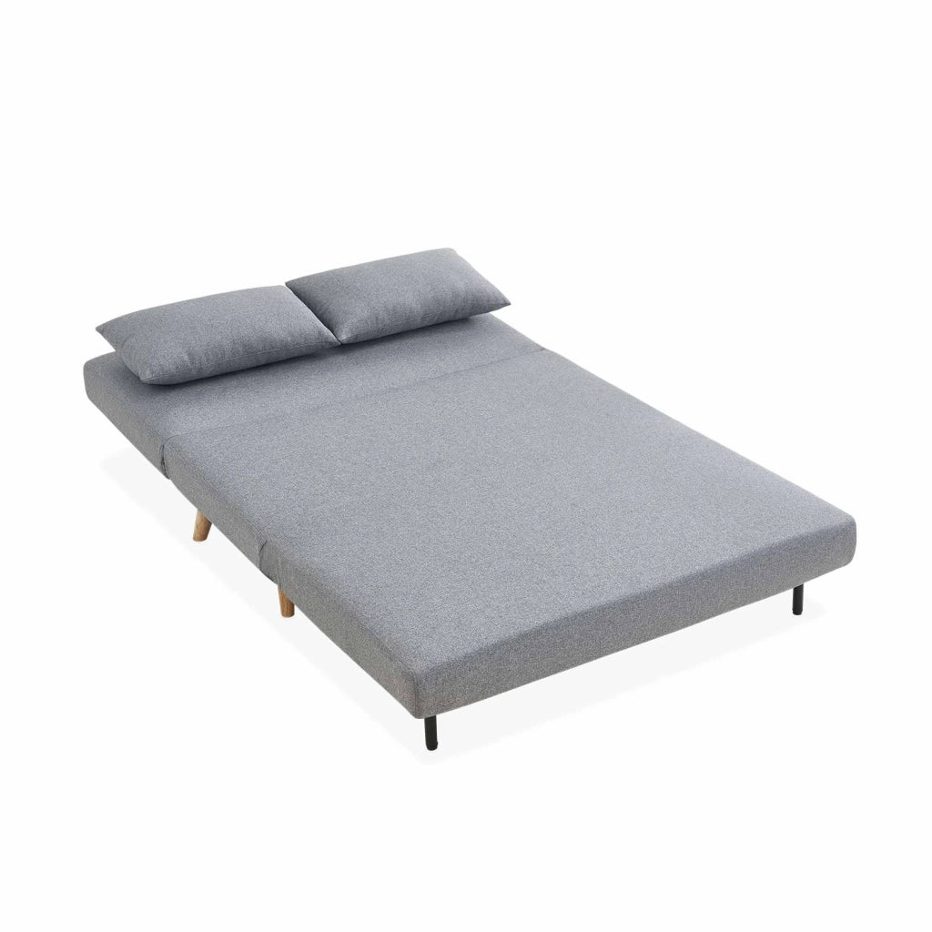 Divano letto in tessuto con gambe in legno, 2 posti, grigio chiaro