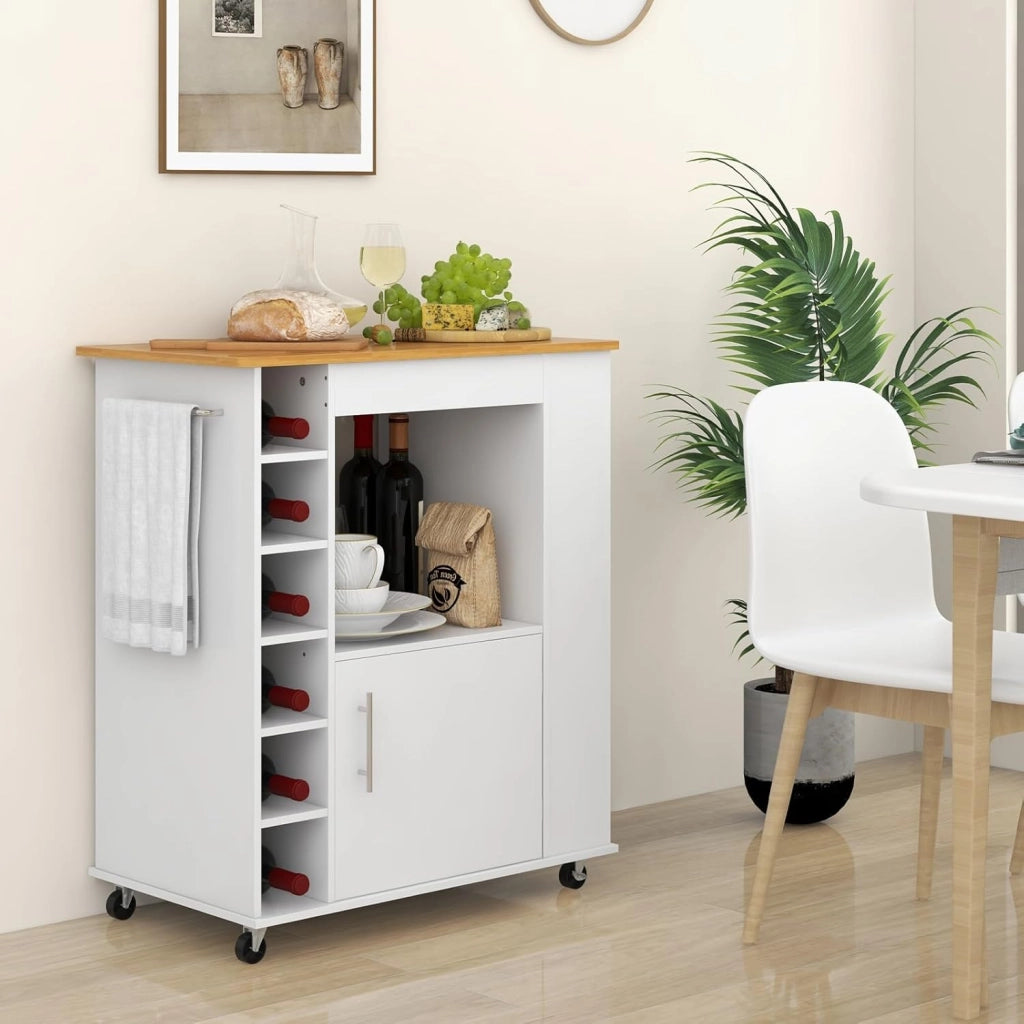 Carrello da cucina su rotelle, carrello da portata con piano di lavoro, isola da cucina mobile, in legno, con scaffale per vino e porta asciugamani e portaspezie, carrello da cucina bianco