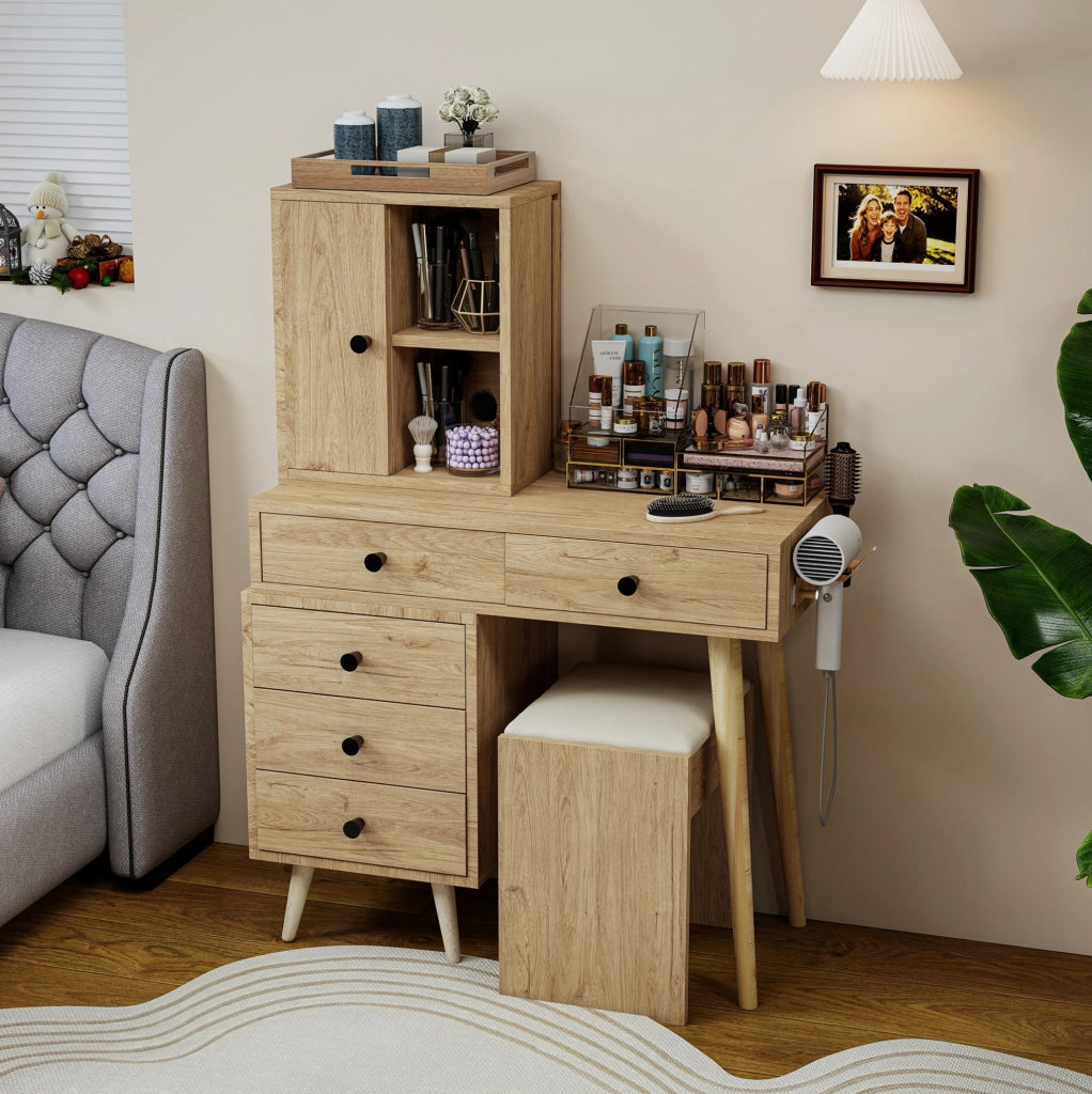 Tavolo da trucco moderno con specchio estraibile; piano allungabile 84 x 40 cm; legno ingegnerizzato naturale e beige