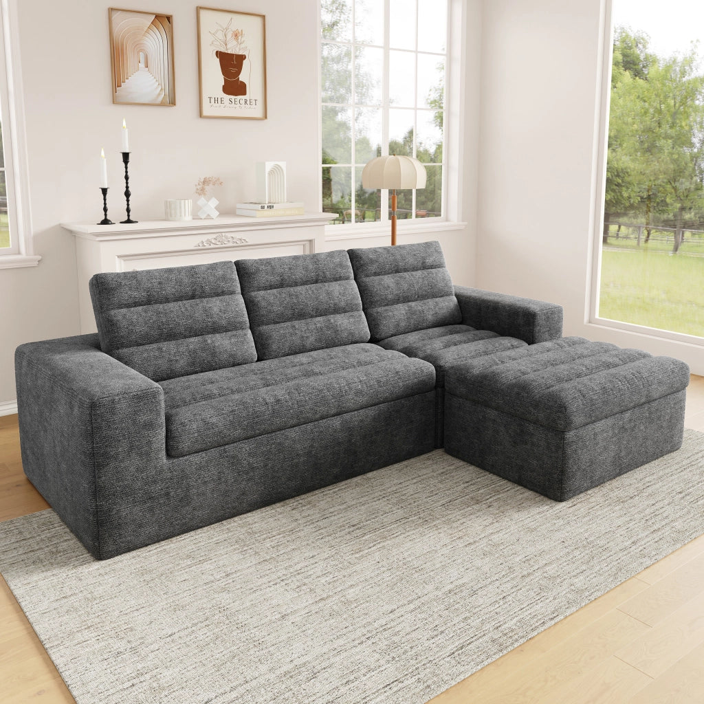 Divano angolare modulare in chenille con design senza telaio e cuscini morbidi, grigio chiaro, 253 × 161 × 89 cm