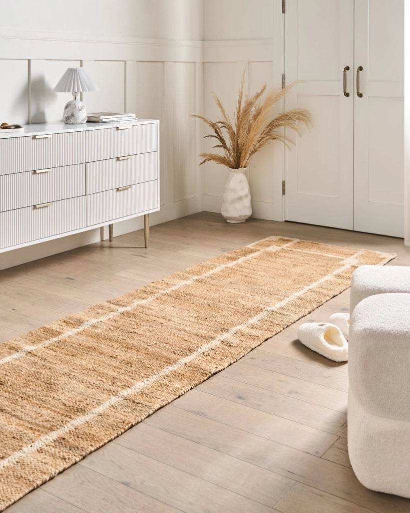 Tappeto Runner Beige Chiaro Iuta 80 x 300 cm con Motivo Rettangolare Tessuto Stile Rustico Soggiorno Camera Da Letto