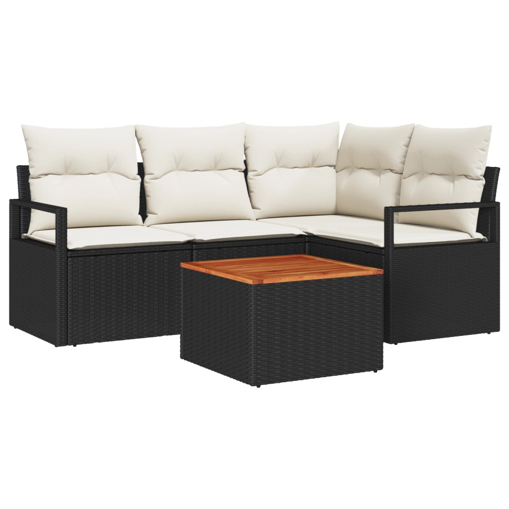 Set divano da giardino 5 pezzi con cuscini in polyrattan nero e acacia