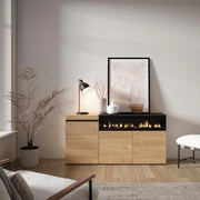 Credenza, Mobile, 150x35x75cm, 3 Porte, Camino elettrico, colore Rovere e nero RF2522