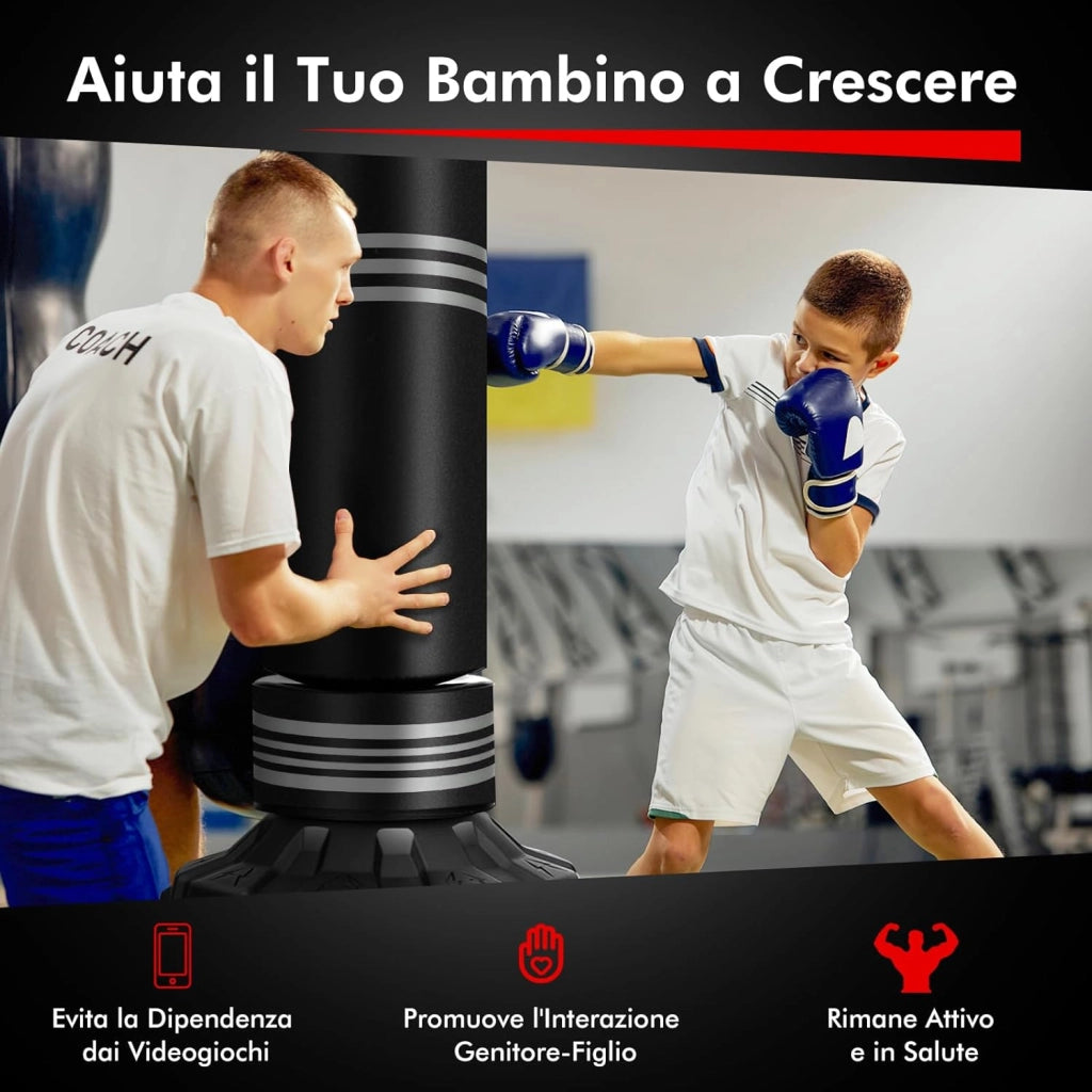 Sacco da Boxe da Terra Professionale con Area per Calci, Sacco Kick Boxing Autoportante con Base Riempibile da Sabbia e Acqua, 12 Ventose in Gomma e Struttura Multistrato
