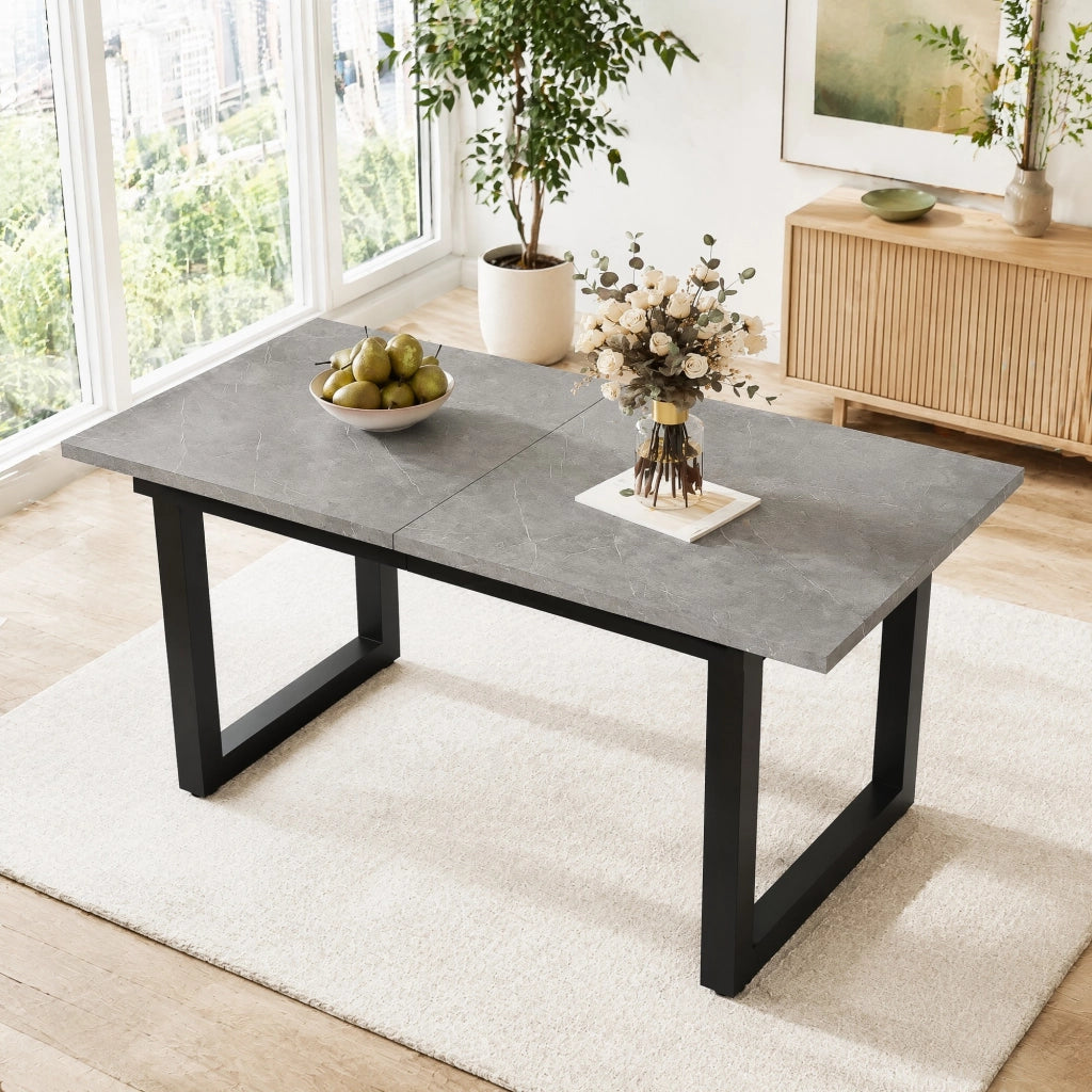 Tavolo da pranzo allungabile stile industriale, piano in MDF effetto cemento, struttura in metallo, grigio e nero