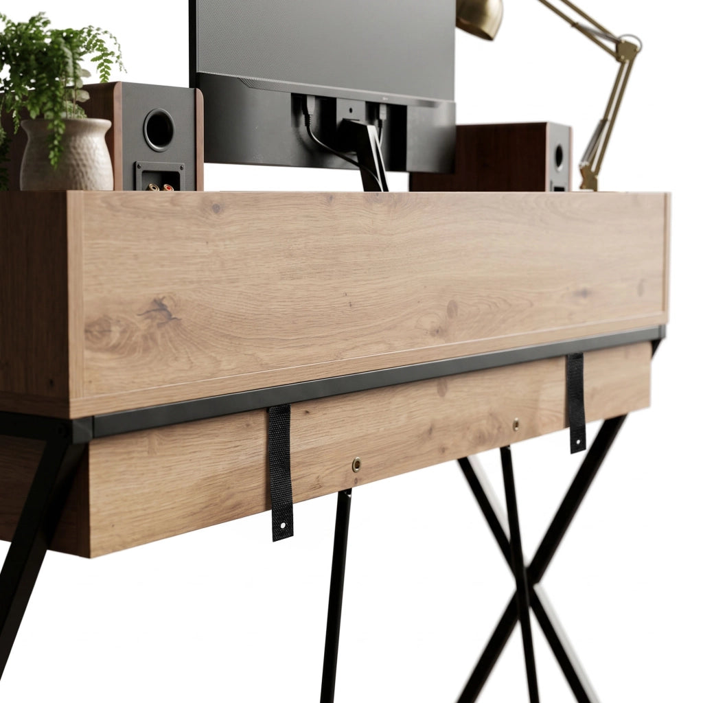 Scrivania PC industriale Rovere Artisan FLEXO 100 cm 1 cassetto 1 ripiano gambe nere