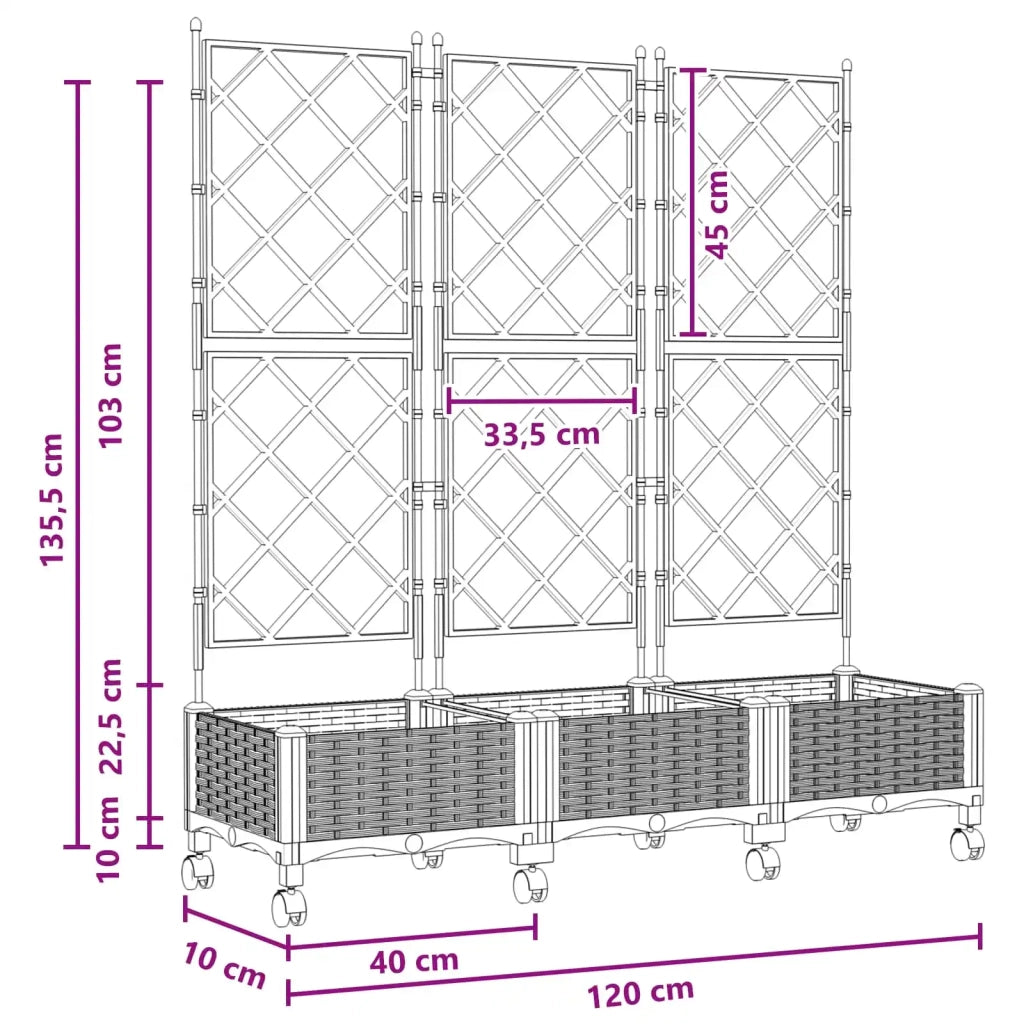 Vaso da giardino con grigliato e ruote 3 pz Grigio PP 3423073