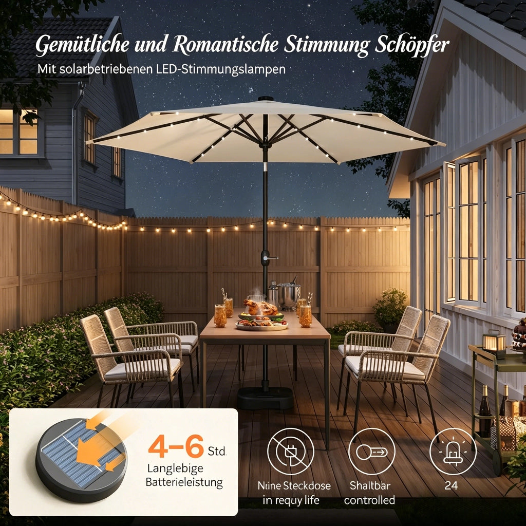 OMBRELLONE rotante Ø 292 x 247 cm beige ferro/poliestere con LED solari