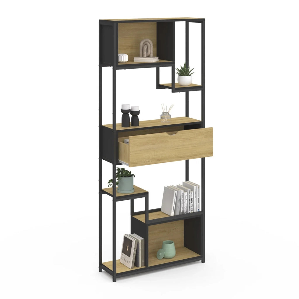 IDMarket - DETROIT libreria asimmetrica a 6 livelli con cassetto dal design industriale 161 cm