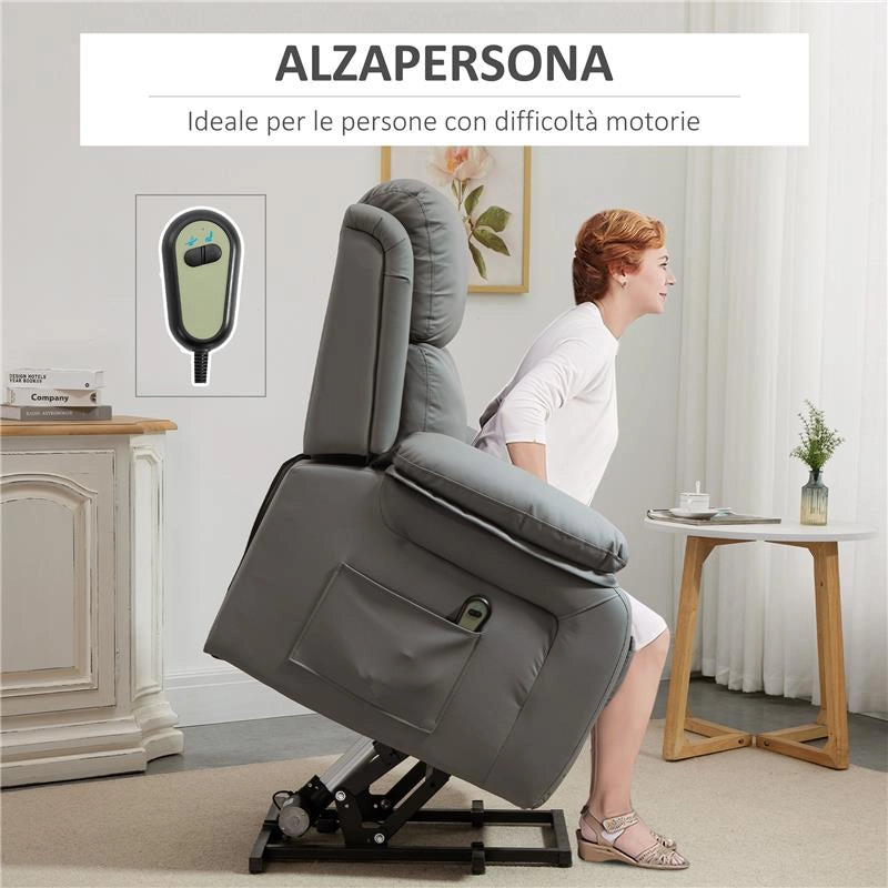 POLTRONA RELAX ELETTRICA E ALZAPERSONA RECLINABILE FINO 160° CON TELECOMANDO, IN SIMILPELLE - GRIGIO