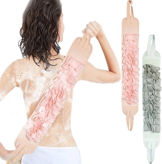 Due exfolianti per la doccia a doppia faccia con maniglia, scrubber per il corpo, applicatore di crema per la schiena per uomini e donne, per la pulizia del corpo, rosso, grigio