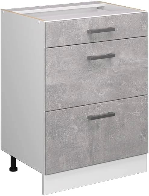 Base universale R-Line, Calcestruzzo, 60 cm con cassetti, senza piano di lavoro, adatto per la conservazione di accessori per la pulizia e per la casa