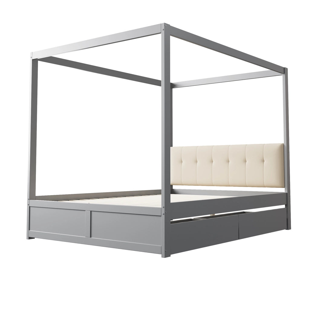 Letto a casetta 140x200 cm in legno grigio con testiera imbottita e 2 cassetti
