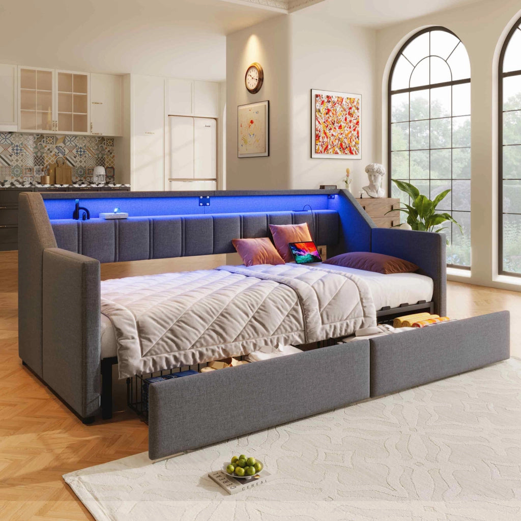Letto estraibile multifunzionale 90 x 200 cm con USB, Type-C, LED e 2 cassetti