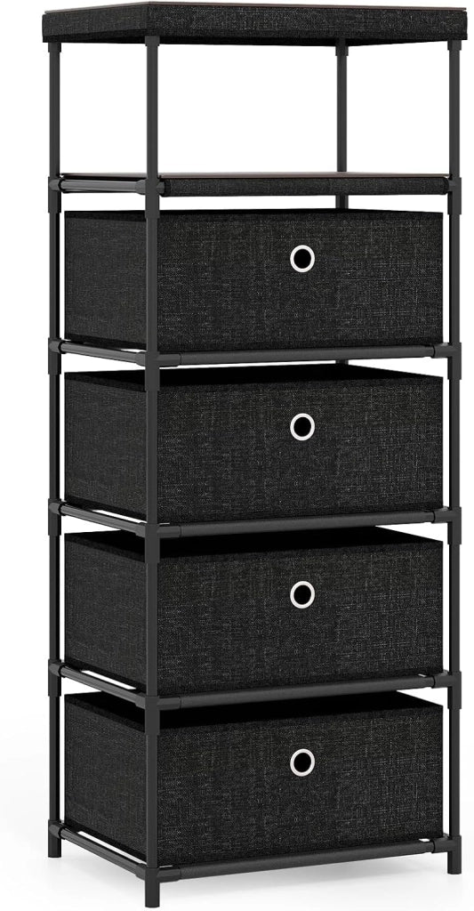 Cassettiera in Tessuto, Comò per Camera da Letto con 3/4 Cassetti Rimovibili e Pieghevoli e Ripiano Aperto, per Soggiorno, Ufficio e Studio, Marrone Rustico e Nero (40 x 30 x 99,5 cm)