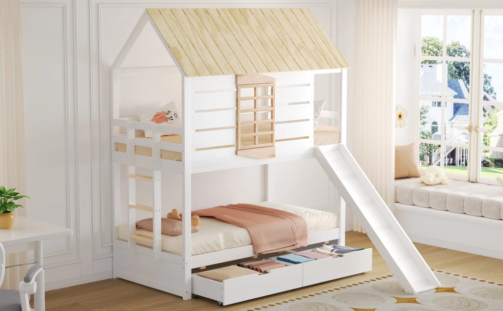 Letto a castello a forma di casa 90x200 cm con scivolo e 2 cassetti, colore bianco e naturale